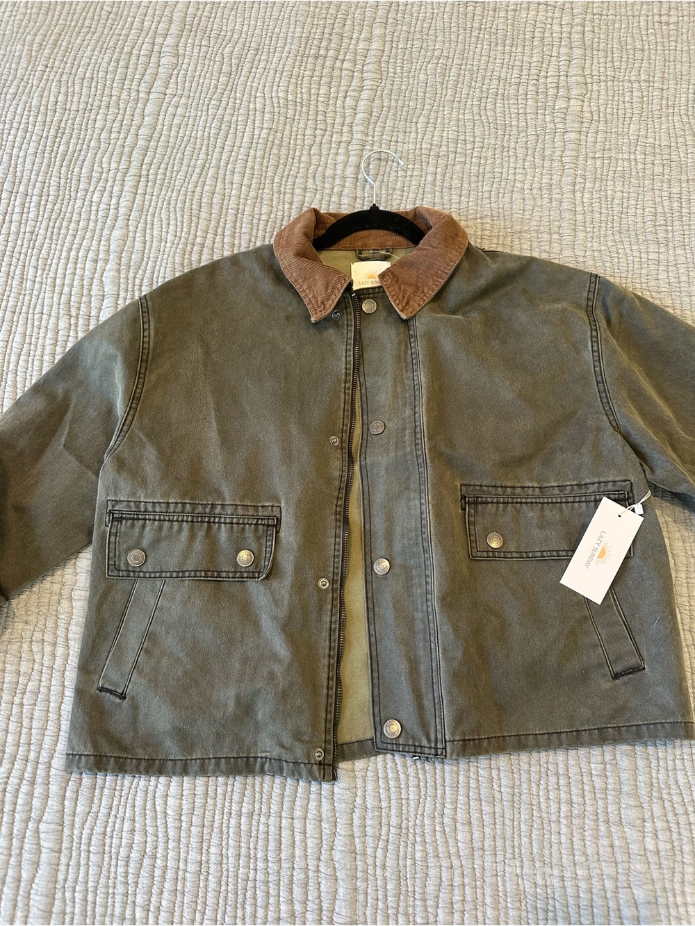 Waxed Cotton Jacket with Brown Corduroy Collar - Olive - Picture 4 of 9